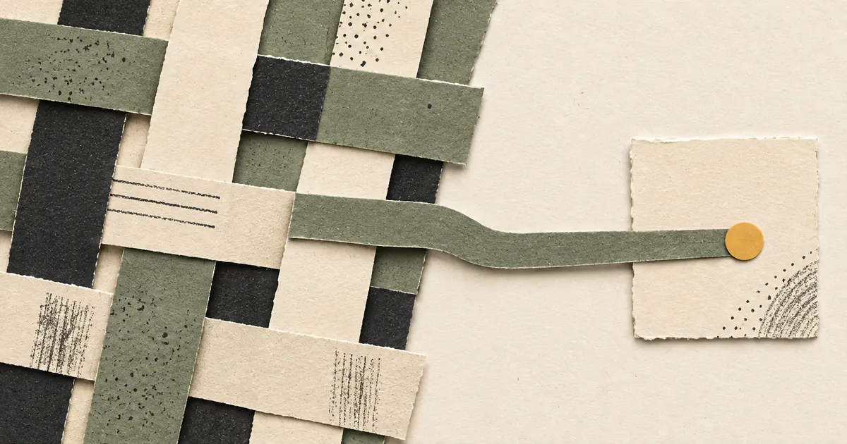 One sage strip is drawn out of a woven paper mat and laid across a small square of trial paper, its tip marked by an amber point.